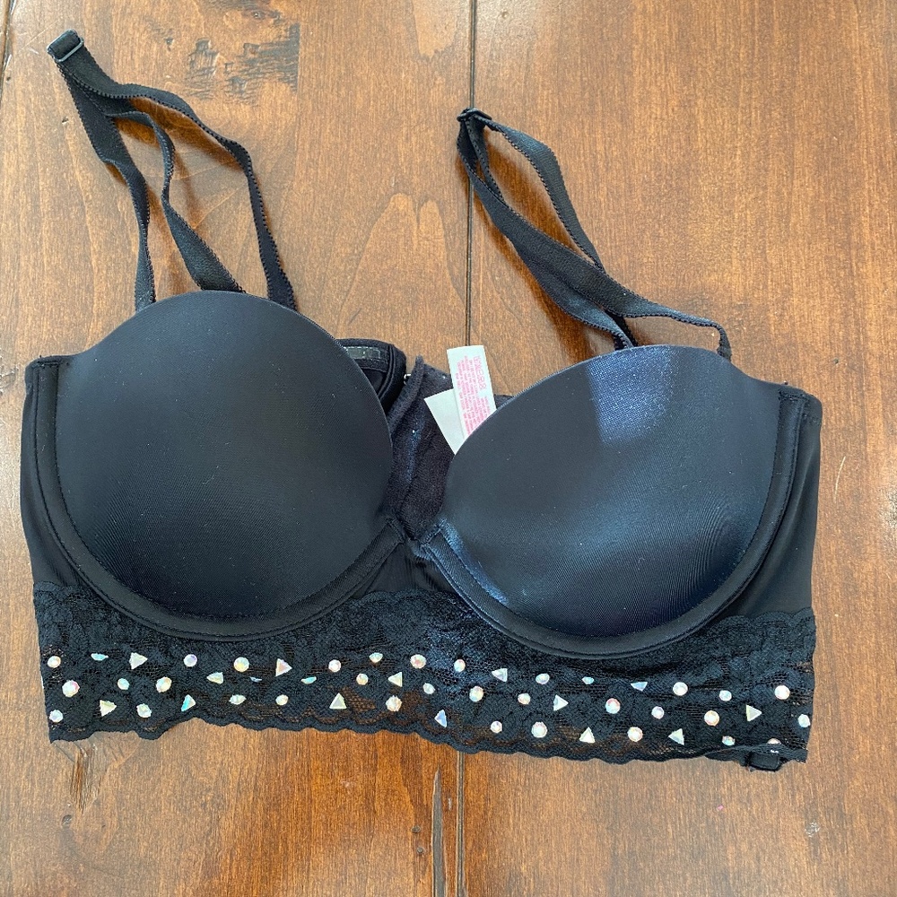 Victoria’s Secret PINK Bustier Bra Womens 34B Black Sparkle Lace Lingerie